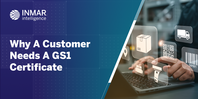 Business professional using laptop with digital icons of barcode, QR code, package, and shipping truck overlayed, representing why customers need a GS1 certificate