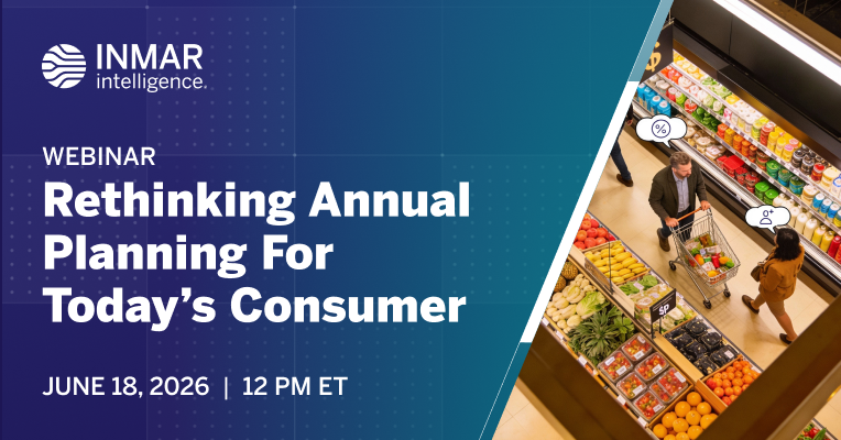 Inmar Intelligence webinar header graphic promoting “Rethinking Annual Planning for Today’s Consumer,” featuring a grocery store scene with shoppers, data icons, and event details for March 12, 2026 at 1:00 PM ET.
