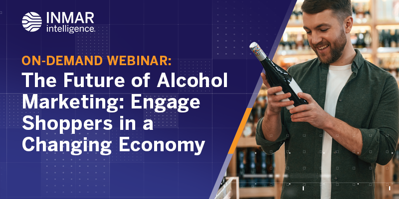 Inmar Intelligence on-demand webinar about alcohol marketing strategies and shopper engagement in a changing economy, featuring an image of a shopper holding wine.
