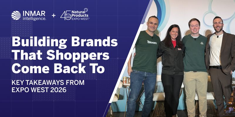 Inmar Intelligence and Expo West 2026 event graphic with headline and four panelists on stage discussing strategies for building brands that drive repeat purchase