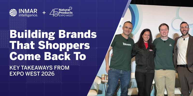 Inmar Intelligence and Expo West 2026 event graphic with headline and four panelists on stage discussing strategies for building brands that drive repeat purchase