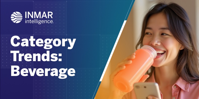 Inmar Intelligence header graphic with the text 'Category Trends: Beverage' next to a smiling woman drinking a pink smoothie and holding a smartphone