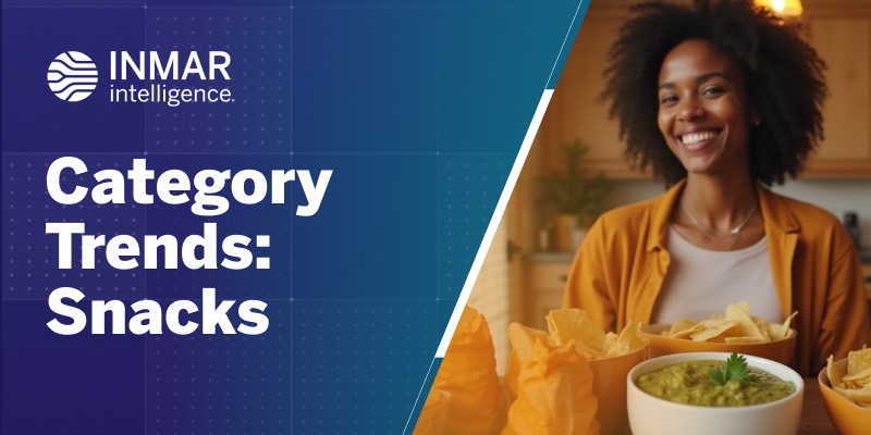Smiling woman serving tortilla chips and guacamole at home, with Inmar Intelligence “Category Trends: Snacks” header highlighting shopper insights on healthy snacks, deals, and consumer trends.