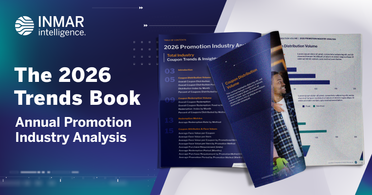 Inmar Intelligence 2026 Trends Book cover showing promotion industry analysis with charts, coupon data insights, and report pages on digital and distribution trends