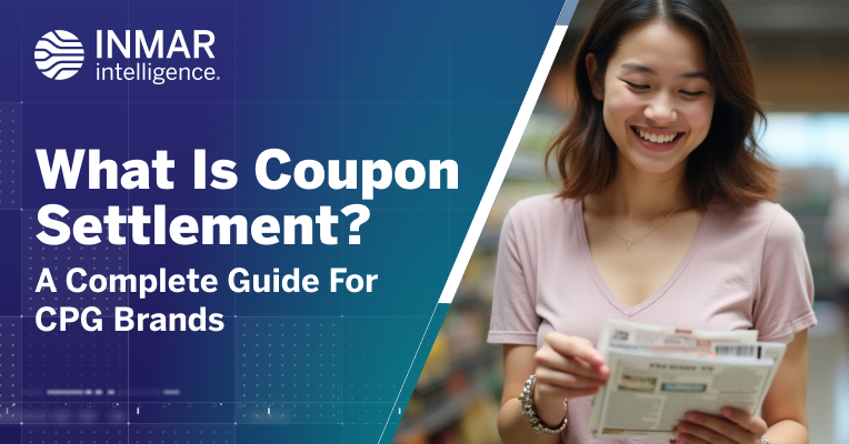 Inmar Intelligence graphic about coupon settlement with a shopper holding and reviewing a paper coupon in a retail store aisle