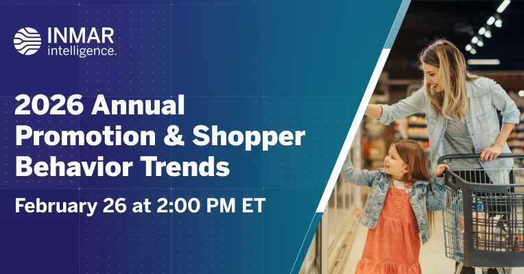 Inmar Intelligence webinar banner promoting the 2026 Annual Promotion & Shopper Behavior Trends, featuring a mother and child shopping in a grocery store, scheduled for February 26, 2026.
