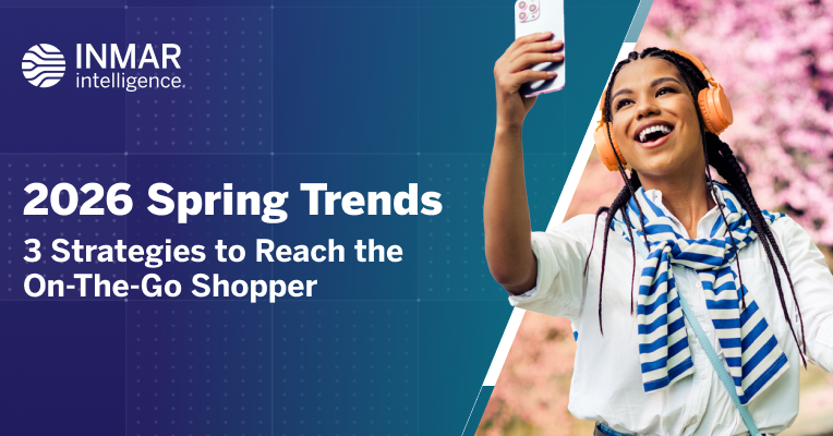 Promotional graphic for Inmar Intelligence’s 2026 Spring Trends report showing a woman using her phone with headphones, highlighting strategies to reach the on-the-go shopper.