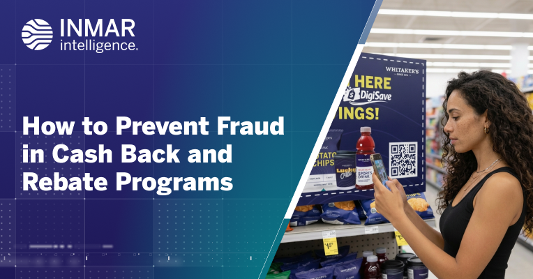 Inmar graphic on preventing cash back and rebate fraud, showing a shopper scanning a rebate QR code in a grocery store.