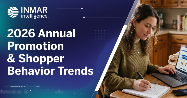 Inmar Intelligence 2026 Annual Promotion & Shopper Behavior Trends infographic featuring a shopper using a laptop to review grocery savings, retail media, and consumer behavior trends.