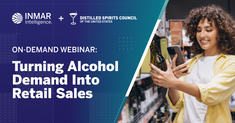 Promotional graphic for Inmar Intelligence and the Distilled Spirits Council of the United States on-demand webinar, "Turning Alcohol Demand Into Retail Sales," featuring a shopper using a smartphone to compare wine products in a retail store.