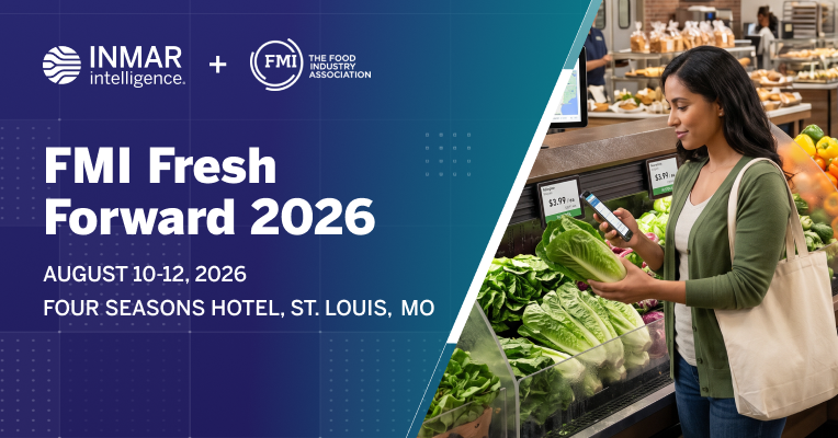 Inmar Intelligence and FMI Fresh Forward 2026 event graphic featuring a shopper selecting fresh produce in a grocery store with event details for August 10-12, 2026, in St. Louis, Missouri.