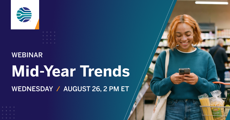 Promotional graphic for the 2026 Mid-Year Promotion & Shopper Trends webinar featuring a shopper using a smartphone in a grocery store with event date and time, August 26 at 2 PM ET.