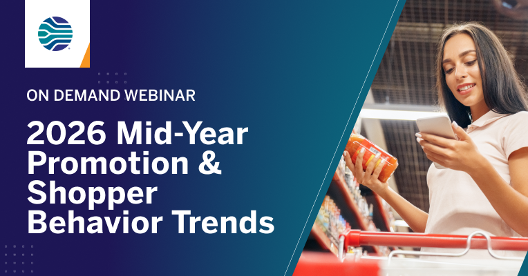 2026 Mid-Year Promotion & Shopper Behavior Trends on-demand webinar graphic featuring a shopper using her phone while grocery shopping.
