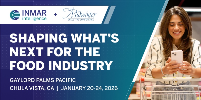 Woman in grocery aisle checks her phone beside shopping cart. Text: Inmar Intelligence + FMI Midwinter Conference — Shaping What’s Next for the Food Industry.