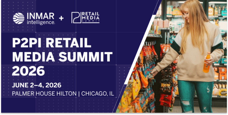 Promotional graphic for the P2PI Retail Media Summit 2026 featuring Inmar Intelligence branding, event details for Chicago, and a shopper browsing convenience store snacks.