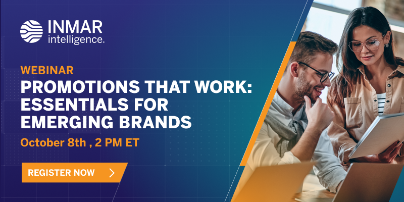 nmar Intelligence webinar promotions banner: Promotions That Work – Essentials for Emerging Brands, featuring business professionals collaborating on strategy. Event October 8th at 2 PM ET.