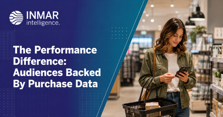 Inmar Intelligence graphic featuring a shopper using a smartphone in a retail store, highlighting audiences backed by purchase data for marketing performance.