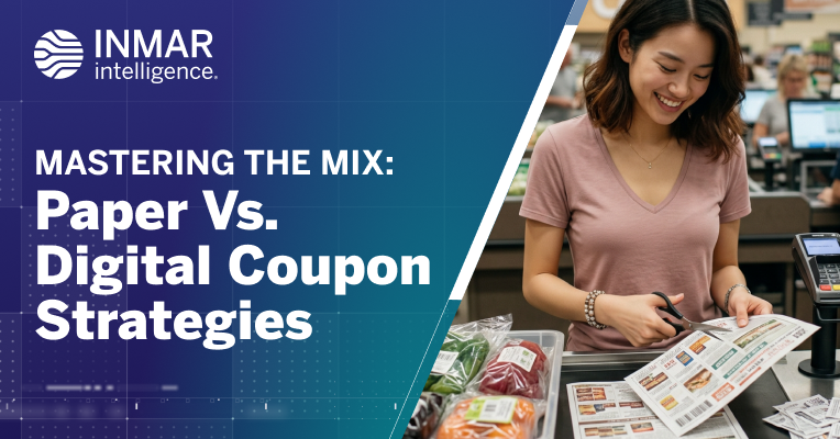 Inmar Intelligence graphic for “Mastering the Mix: Paper vs. Digital Coupon Strategies” beside a shopper scanning paper coupons at a grocery checkout