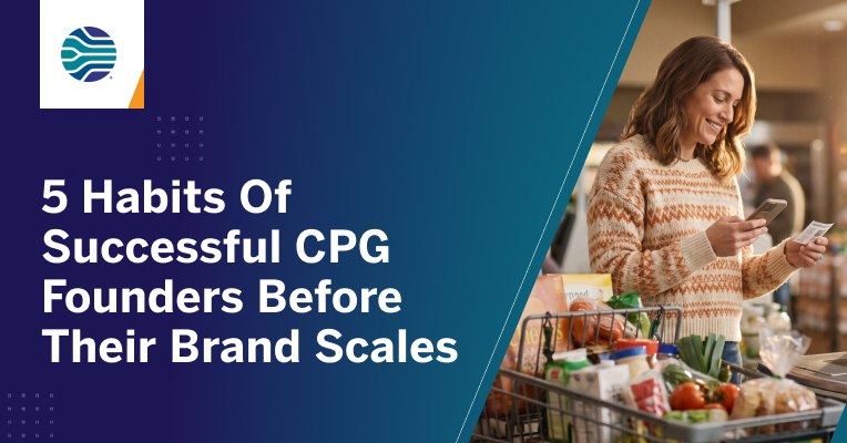 Illustration highlighting five habits of successful CPG founders, including scalable operations, data-driven promotions, coupon settlement, consumer insights, and retail growth strategies.