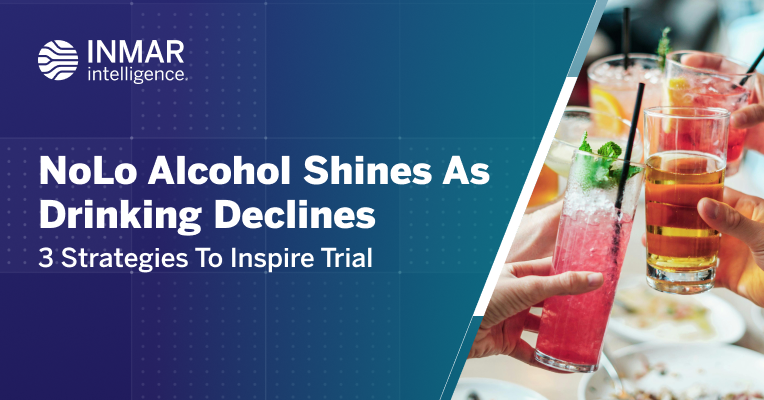 Inmar Intelligence graphic titled NoLo Alcohol Shines As Drinking Declines with hands holding colorful mocktails and cocktails representing adult non alcohol beverage trends