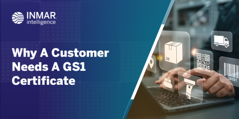 Business professional using laptop with digital icons of barcode, QR code, package, and shipping truck overlayed, representing why customers need a GS1 certificate 