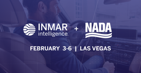 Inmar Intelligence and NADA partnership graphic for NADA 2026 in Las Vegas, featuring dealership staff reviewing vehicle data on a tablet.