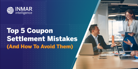Business professionals in a modern office discussing strategies with laptops and documents, alongside headline text reading ‘Top 5 Coupon Settlement Mistakes (And How To Avoid Them)’ by Inmar Intelligence