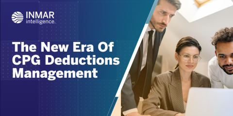 Business professionals reviewing deductions management data on a laptop, representing the new era of automated CPG deductions management with Inmar.