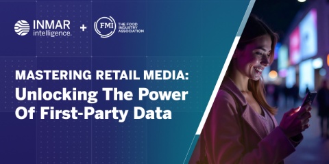 Woman smiling at her phone at night, symbolizing digital engagement, beside banner text reading ‘Mastering Retail Media: Unlocking the Power of First-Party Data’ with Inmar Intelligence and FMI logos.
