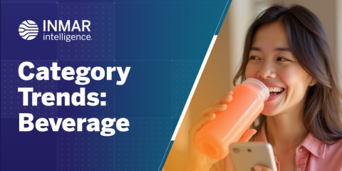 Inmar Intelligence header graphic with the text 'Category Trends: Beverage' next to a smiling woman drinking a pink smoothie and holding a smartphone