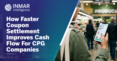 Inmar Intelligence graphic showing a shopper using a mobile coupon app in a grocery store beside text about faster coupon settlement improving cash flow for CPG companies.