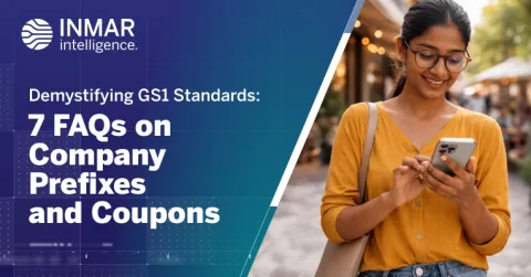 Inmar Intelligence graphic with text about GS1 standards and coupons beside a woman using a smartphone in an outdoor retail setting