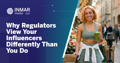 Inmar Media graphic about pharmaceutical influencer marketing compliance featuring a wellness influencer filming social content in a public market setting.