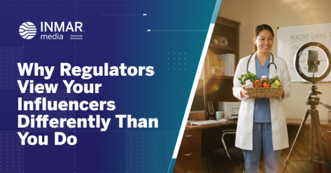 Inmar Media graphic about pharma influencer compliance featuring a healthcare creator filming wellness content, highlighting FDA regulations and influencer marketing strategy.