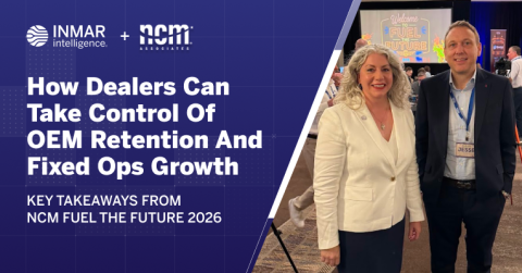 Event graphic from NCM Fuel the Future 2026 featuring automotive industry leaders discussing OEM retention strategies and fixed operations growth, alongside speaker photos. 