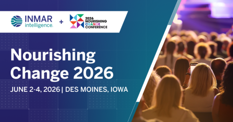 Inmar Intelligence and Nourishing Change 2026 conference banner with event details and audience attending a live session in Des Moines, Iowa