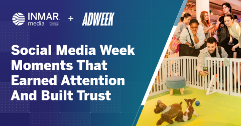 Inmar Media and Adweek Social Media Week graphic with attendees filming and interacting with puppies in a branded play area highlighting engagement and content creation