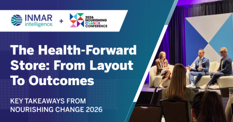 Promotional graphic for Inmar Intelligence at Nourishing Change 2026 featuring a panel discussion titled "The Health-Forward Store: From Layout to Outcomes" focused on health-forward retail strategies.