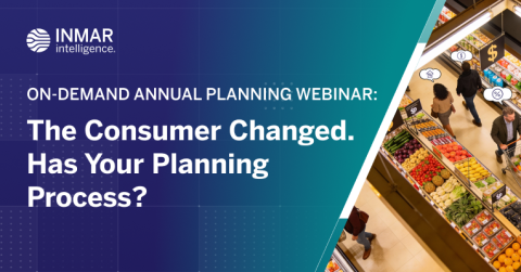 Inmar Intelligence webinar graphic promoting on-demand annual planning strategies, featuring a grocery store shopper scene and messaging about adapting marketing plans to changing consumer behavior.