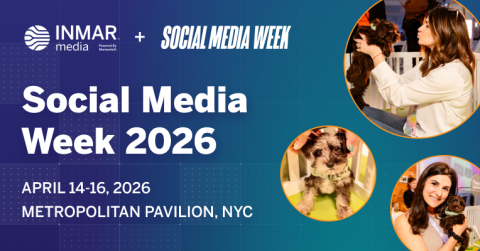 Inmar Media and Social Media Week 2026 event banner with dates and NYC location alongside images of attendees interacting with puppies at an activation
