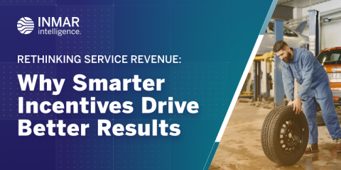 Technician in an auto repair shop lifting a tire beside a vehicle with Inmar branding and text about improving dealership service revenue through smarter incentives