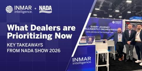 Inmar Intelligence and NADA Show 2026 graphic beside photo of the Inmar booth team discussing dealer data, AI, and marketing solutions on the expo floor.