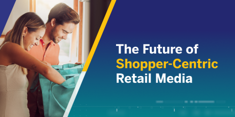 Couple unpacks groceries next to text: 'The Future of Shopper-Centric Retail Media,' highlighting the rise of personalized in-store media.