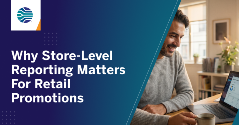 Inmar graphic titled “Why Store-Level Reporting Matters for Retail Promotions” showing a man reviewing retail promotion performance data on a laptop.