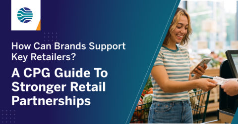 Inmar graphic for stronger CPG retail partnerships showing a shopper using a coupon and smartphone at a grocery store checkout.