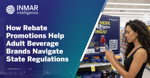 Inmar Intelligence graphic showing a shopper scanning a rebate promotion in a retail store, highlighting how adult beverage brands use rebate promotions to navigate state alcohol regulations.