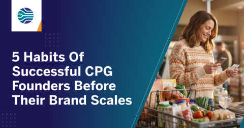 Illustration highlighting five habits of successful CPG founders, including scalable operations, data-driven promotions, coupon settlement, consumer insights, and retail growth strategies.