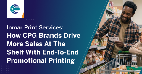 Shopper holding a coupon in a grocery aisle, highlighting Inmar Print Services and end-to-end promotional printing for CPG brands.